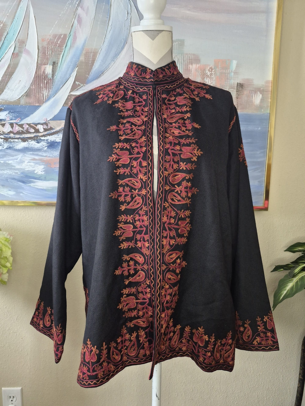 Norm Thompson 100% Wool Black Open-Front Jacket with Red Embroidery